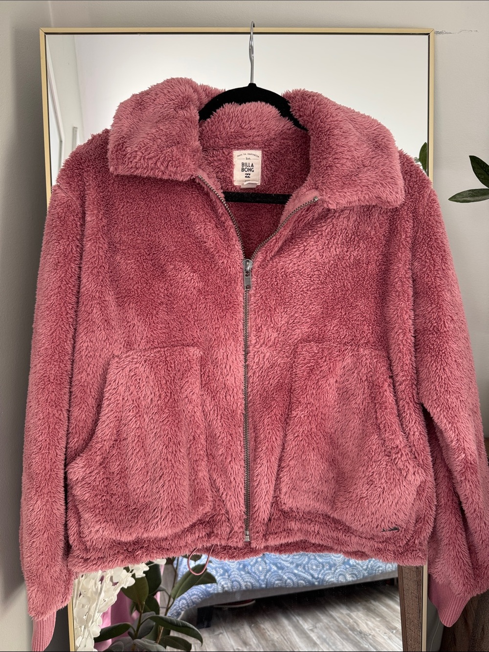 Billabong Plush Zip-Up Teddy Jacket — Dusty Rose